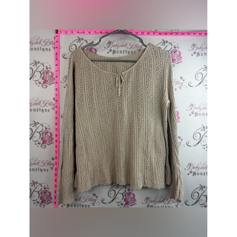 Long sleeve knit y2k tie up ribbon Beige Open-Knit Long Sleeve Tie-Neck Sweater